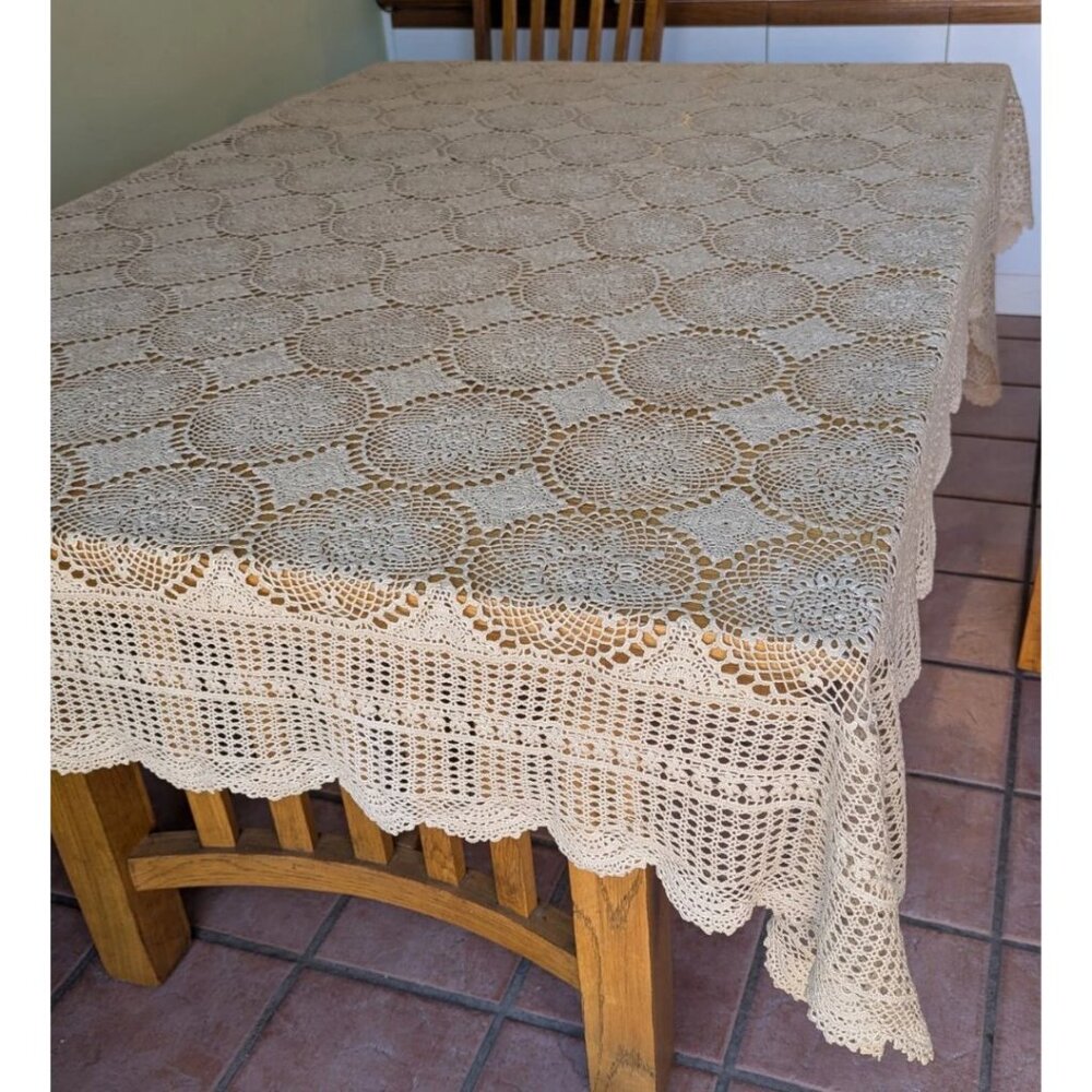 Vintage Rectangle Hand Crochet Tablecloth Bed Cover Large Beige Cotton 68”x88”